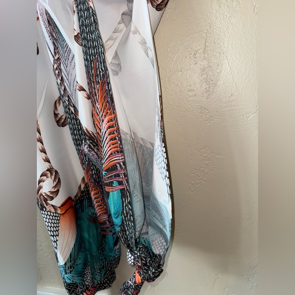 Peacock Print Jumpsuit Deep V-neck Sleeveless Spaghetti Strap Split Side Leg M - Picture 9 of 12